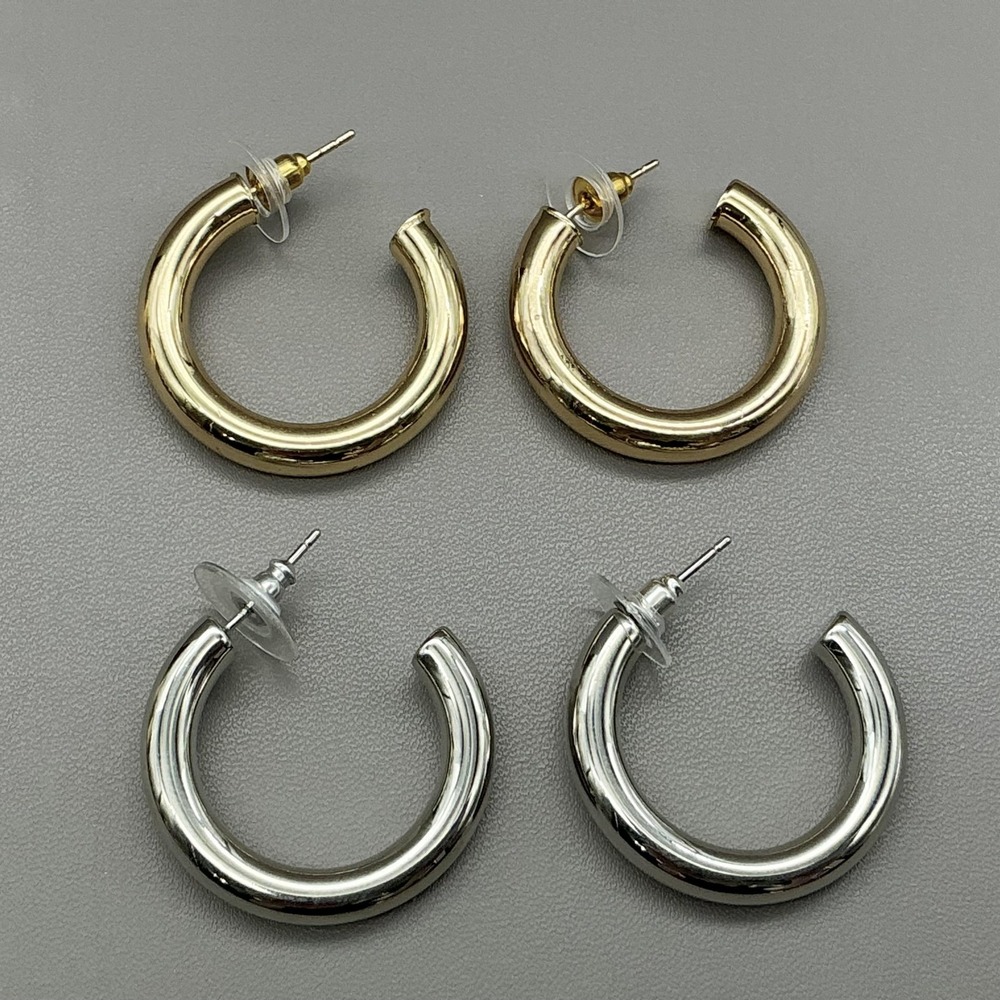 Earrings Gold Silver Tone Hoop Womens 2 Pair Chunky Round Fashion Jewelry Set